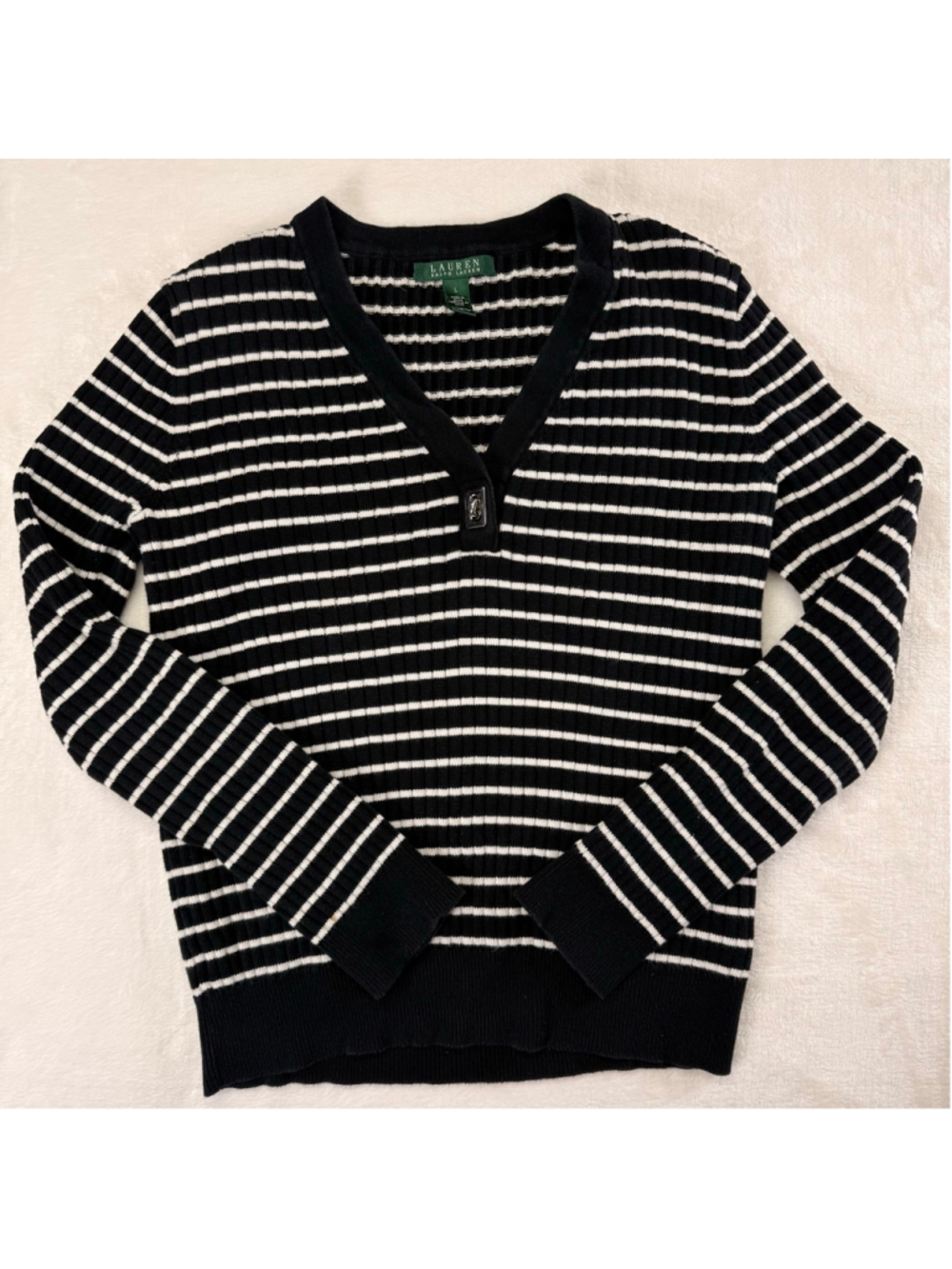 Lauren Ralph Lauren Women’s Black White Striped V-Neck Sweater Size Large